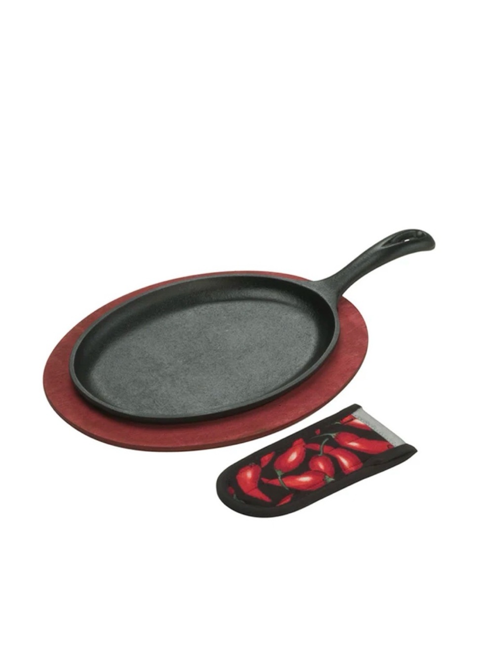 Lodge Fajita pan with hot pad sleeve and wooden trivet